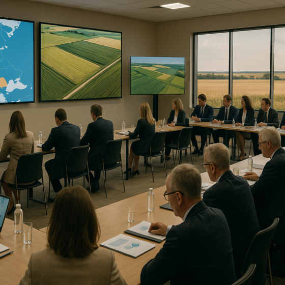 Delegates at Agro Security Forum 2025 in a modern conference hall discussing European food security with maps and agro-logistics visuals on large screens