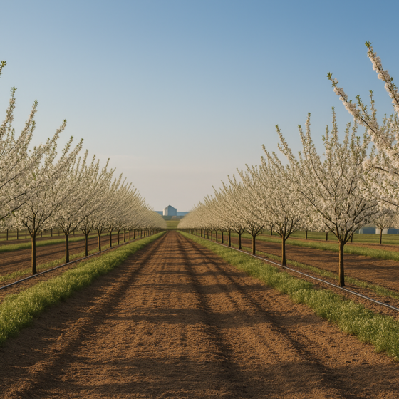 Agronomists inspecting rows of almond trees in a modern Ukrainian orchard
