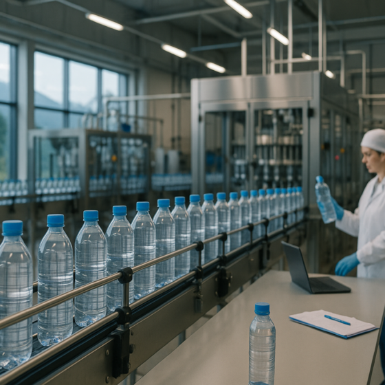 Modern Ukrainian bottled water plant with production lines and managers discussing a cross border acquisition in a meeting area
