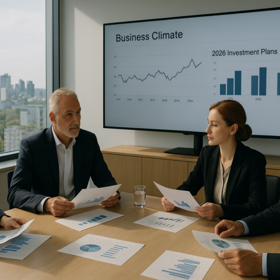 Ukrainian business leaders around a conference table reviewing charts about the country’s investment climate and future investment plans