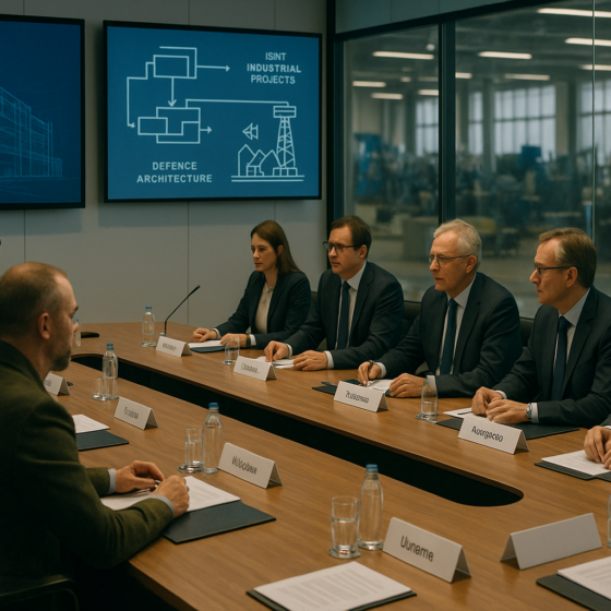 Modern European defence industry meeting with Ukrainian and EU officials planning joint projects in a high-tech conference room