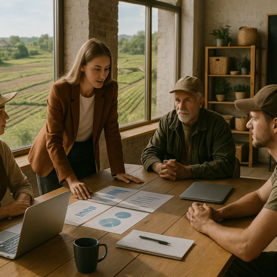 Small Ukrainian farmers and advisors discussing development plans in a modern rural office
