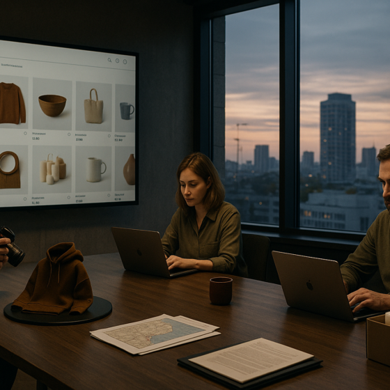 Small business owners in Ukraine using laptops and product photos in a modern coworking space connected to an online government business platform