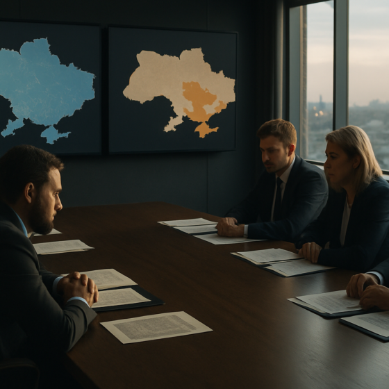 Serious high-level meeting between Ukrainian and US officials at a long table reviewing peace proposals, with documents and screens showing maps and negotiation points