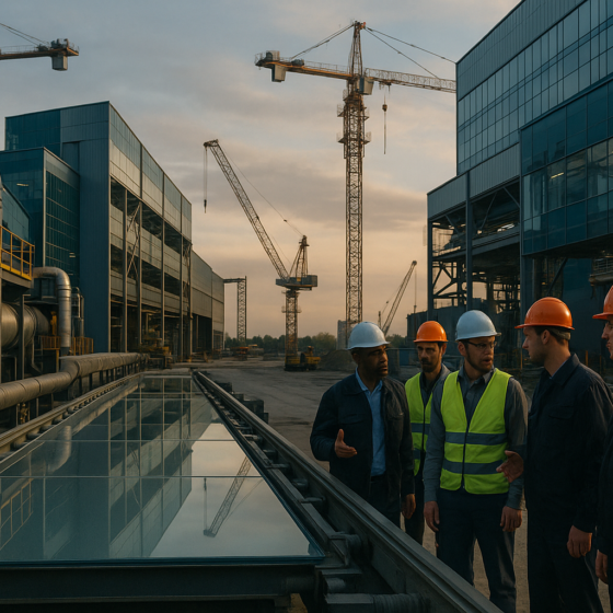 High-tech float glass plant under construction in Kyiv region with cranes, industrial buildings and workers preparing modern production lines