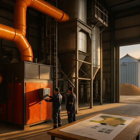 Solid fuel heat generator with convective heat exchanger installed next to a grain dryer at a modern Ukrainian elevator