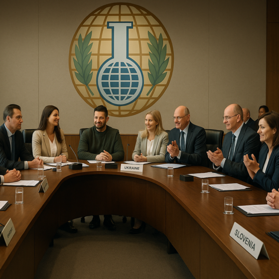 Delegates at an OPCW Executive Council meeting in a modern conference hall with Ukraine among the member states