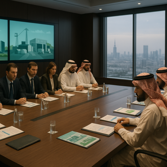 High level meeting room with Ukrainian and Middle Eastern officials discussing a joint investment fund for infrastructure and reconstruction in Ukraine