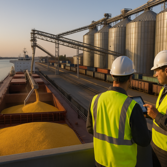 Bulk carrier being loaded with corn at a modern Ukrainian grain terminal at night