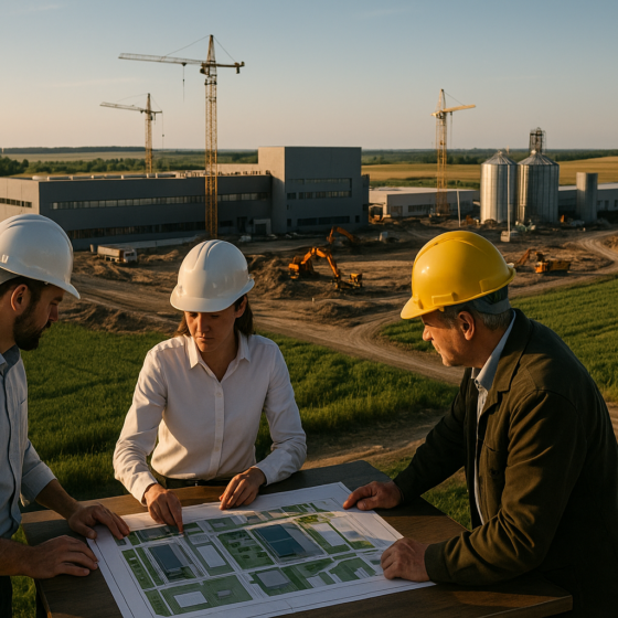 Planned Nova Synerdgy industrial park site in Khmelnytskyi region with construction of modern production and logistics buildings surrounded by agricultural fields