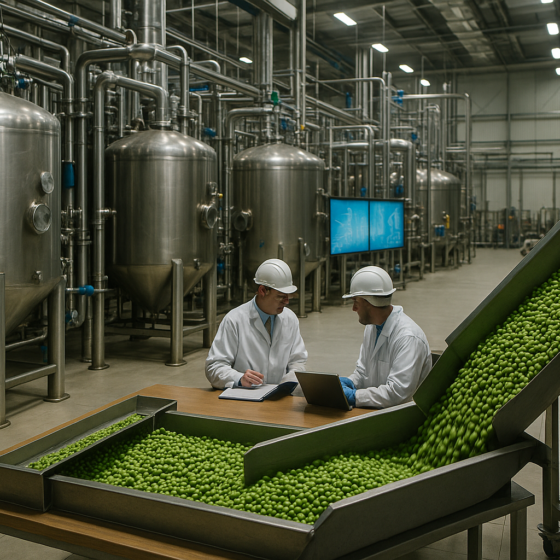 Interior of a modern Ukrainian pea based bioglue plant with stainless steel reactors and peas feeding into green industrial chemistry lines
