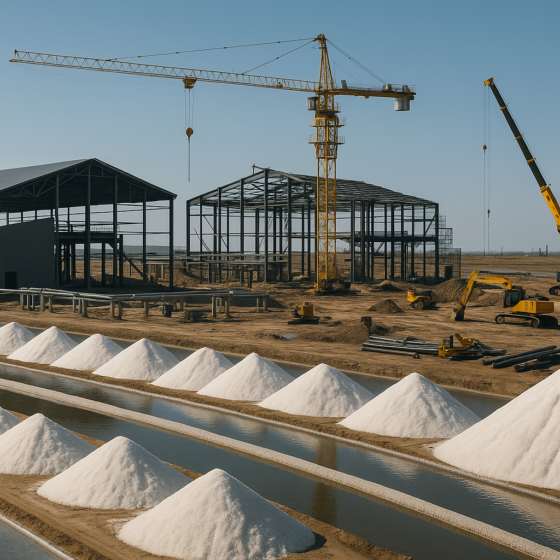 Modern salt production plant under construction in Odesa region of Ukraine with industrial buildings, pipelines and white salt piles