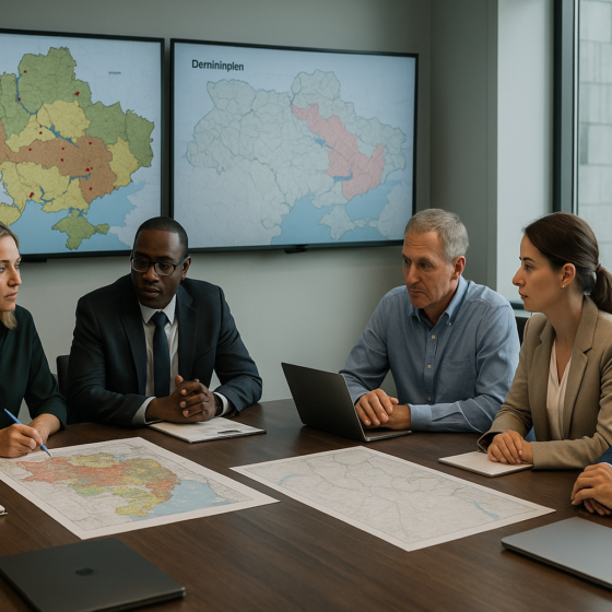 Ukrainian and international officials discussing demining plans around a table with maps and screens
