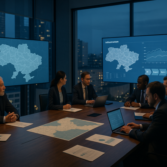 Officials and financial experts in a modern Ukrainian meeting room discussing recovery fund project plans with maps and charts on screens