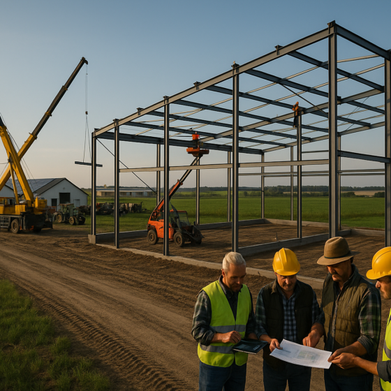 Construction of a modern livestock farm complex on a Ukrainian field with cranes and steel structures
