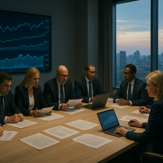 Ukrainian finance officials and IMF representatives meeting in a modern conference room in Kyiv