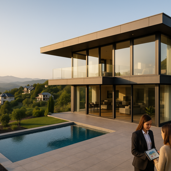 Modern luxury villa on a hillside in western Ukraine with mountains in the background