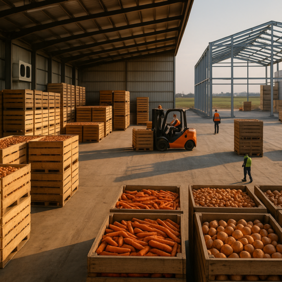 Newly built refrigerated vegetable storage warehouse in rural Ukraine with stacked crates and construction of an additional hangar