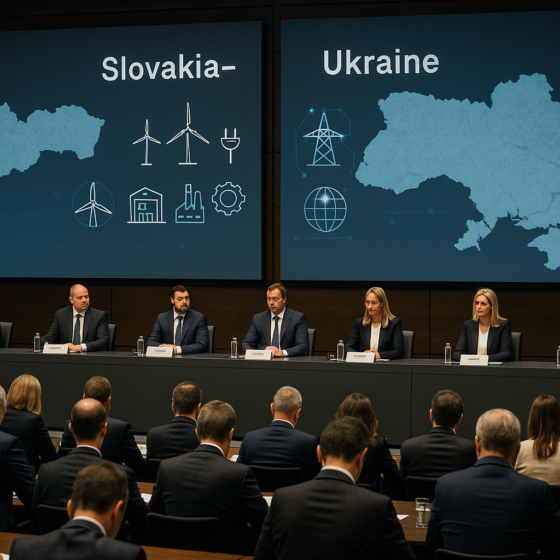 Conference panel with Ukrainian and Slovak representatives discussing investment opportunities for Slovak companies in Ukraine