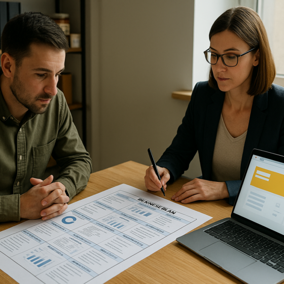 Ukrainian entrepreneur and advisor working with a standardized business plan template for state grant programs in a modern office