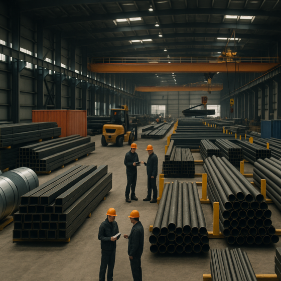 Coils and pipes of metal products in a modern Ukrainian warehouse with workers inspecting imports from Turkish and Chinese suppliers