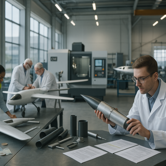 Engineers working in a modern Ukrainian aerospace workshop with aircraft and rocket components, symbolising investment opportunities in Ukraine's aerospace sector