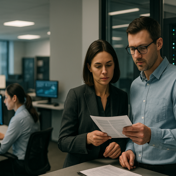 Analytics and compliance specialists in a Ukrainian bank back office reviewing AI dashboards and regulatory documents next to local IT infrastructure