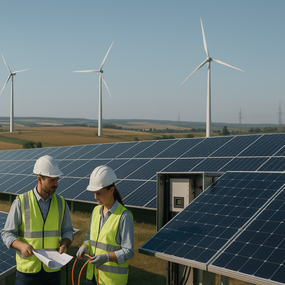 Solar panels and wind turbines in Ukraine with engineers inspecting equipment, illustrating renewable energy business opportunities