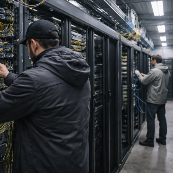 Data center corridor with server racks and fiber cables, technicians inspecting infrastructure, no readable text