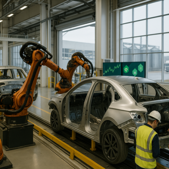 Modern Ukrainian automotive components plant with car bodies and workers on the assembly line