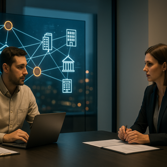 Small business owner and bank manager at a desk in a modern Ukrainian bank office reviewing documents about a bank guarantee