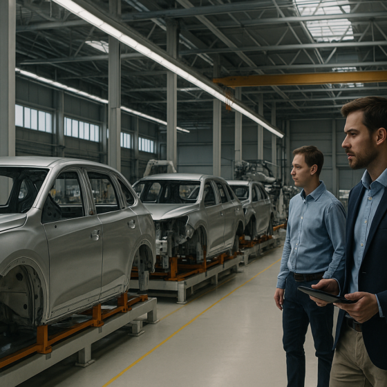 Modern automotive components plant and industrial buildings in Brovary in the Kyiv region with car frames on a production line and cranes around new halls