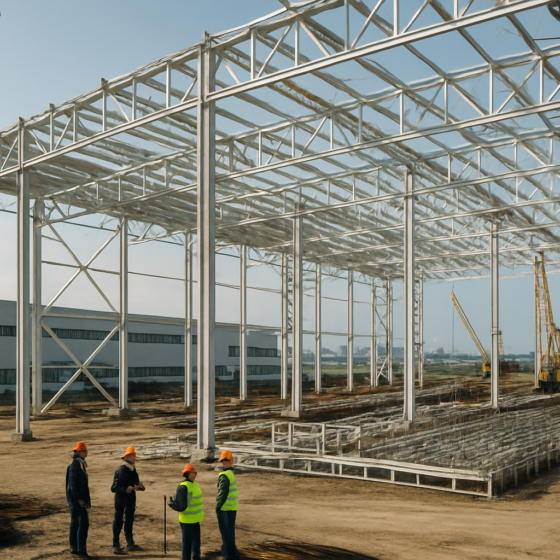 Modern industrial factory under construction with steel structures and finished production buildings in Ukraine