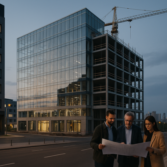 Modern business hotel building in Ukraine with nearby construction site and city skyline