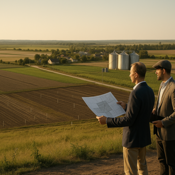 Business investor and local consultant looking over cadastral maps and Ukrainian land plots with fields and village in the background