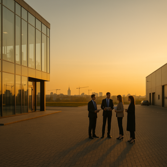 Investors inspecting a modern commercial building complex in Ukraine, symbolising property acquisition opportunities for business
