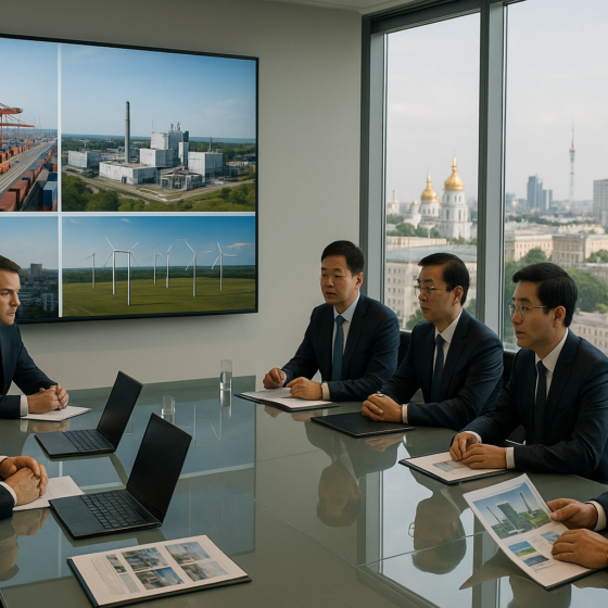 Chinese and Ukrainian business delegates discussing investment projects in a modern conference room in Kyiv