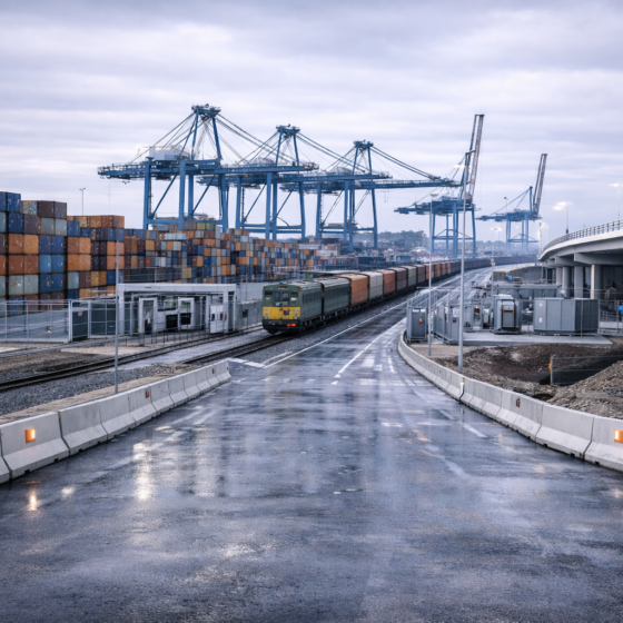 Chornomorsk port container berths and logistics yard in winter daylight, no text