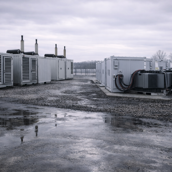 Distributed energy site with containerized gas engines and battery storage units, no text