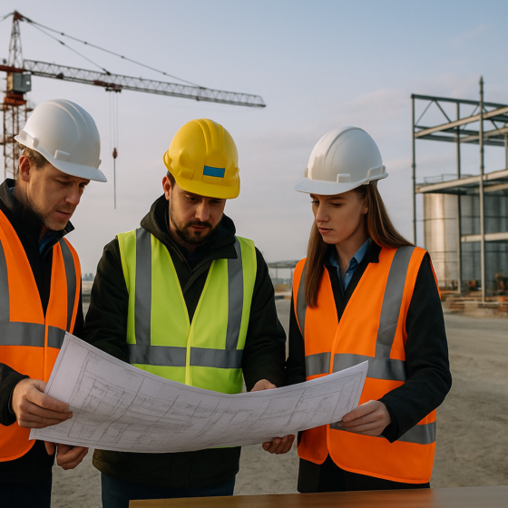 Ukrainian and Danish engineers in helmets reviewing blueprints at a defence industrial construction site in Denmark with cranes and storage tanks in the background