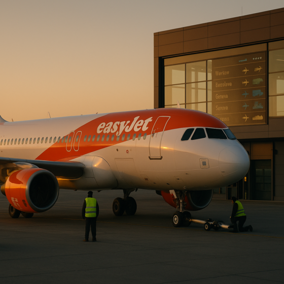 Low-cost passenger jet in orange-and-white livery parked at a European airport with ground crew preparing the aircraft