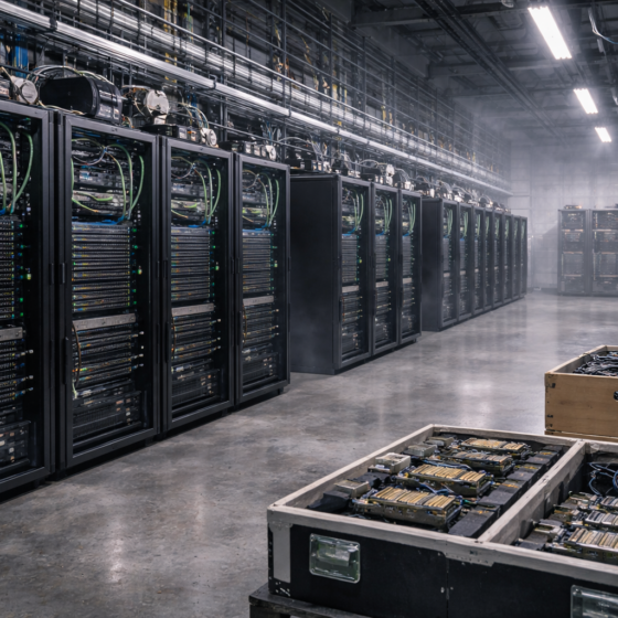 Ukrainian AI compute facility with unbranded GPU racks and liquid cooling, no text
