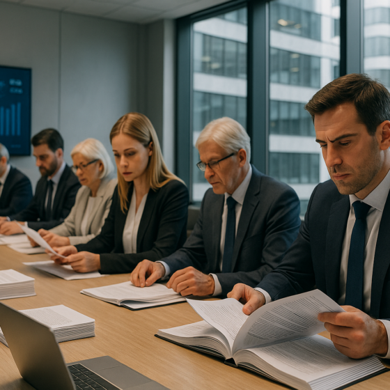European Commission officials reviewing legal documents on a large conference table in a modern Brussels meeting room