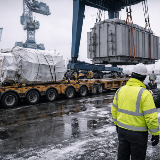 Winter port logistics operation moving oversized power plant equipment on heavy trailers, no readable text