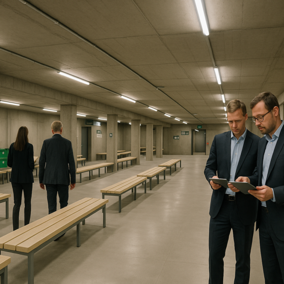 Finnish and Ukrainian officials in a modern underground shelter space reviewing construction plans on tablets and laptops