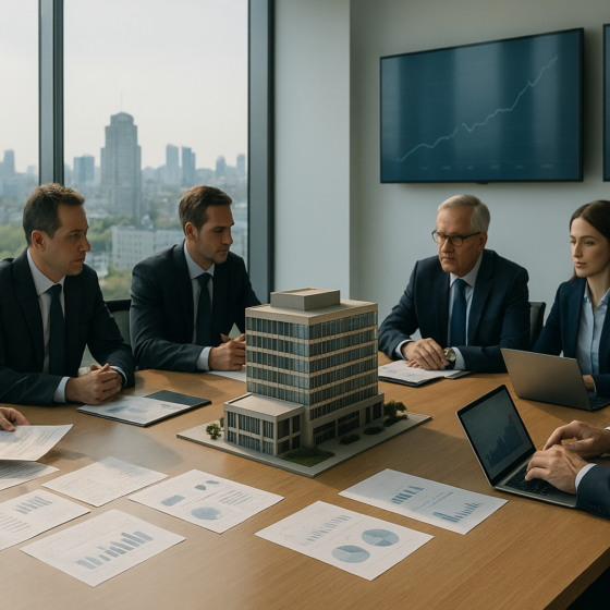 International investors discussing acquisition of Ukrainian real estate and infrastructure assets in a modern Kyiv office