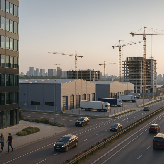 Modern offices and light-industrial buildings in the Kyiv region with cranes and new development