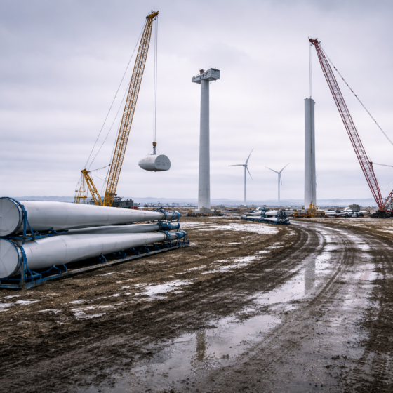 Wind farm construction site in Odesa region with cranes and turbine components in winter daylight, no text
