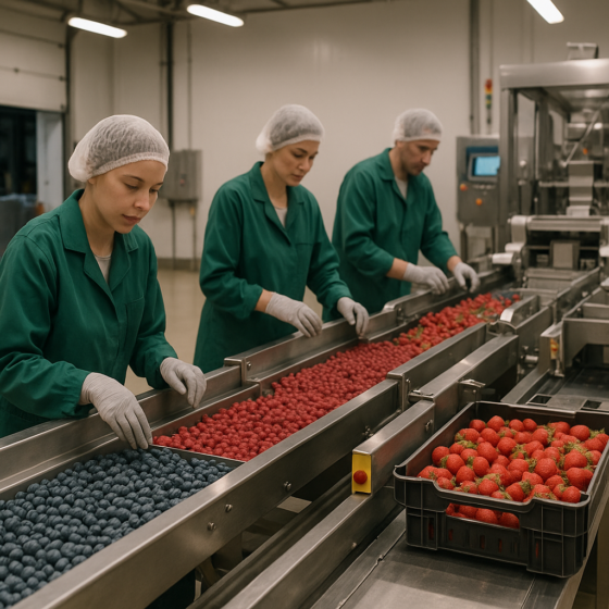 Workers sorting fresh berries on stainless steel conveyors at a modern Ukrainian processing facility