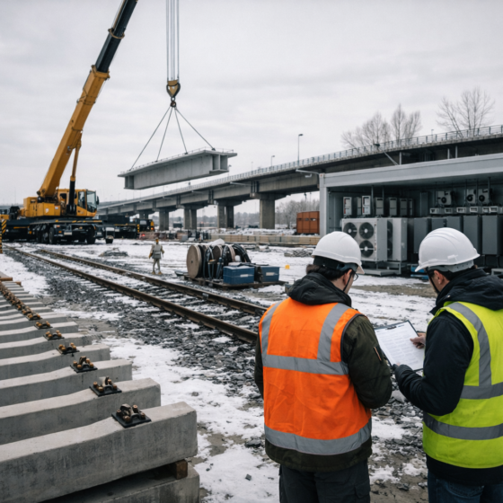 Winter infrastructure reconstruction site in Ukraine with cranes, bridge components and power equipment, no text